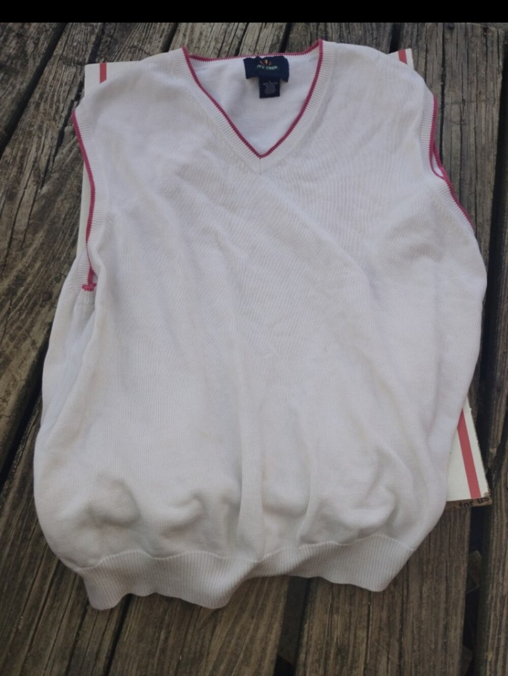Men's White V-Neck Knit Sweater Vest with Red Trim